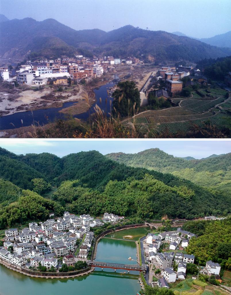 圖為浙江省杭州市淳安縣楓樹嶺鎮(zhèn)下姜村拼版圖，其中上圖為資料照片、下圖由新華社記者張鋮攝。